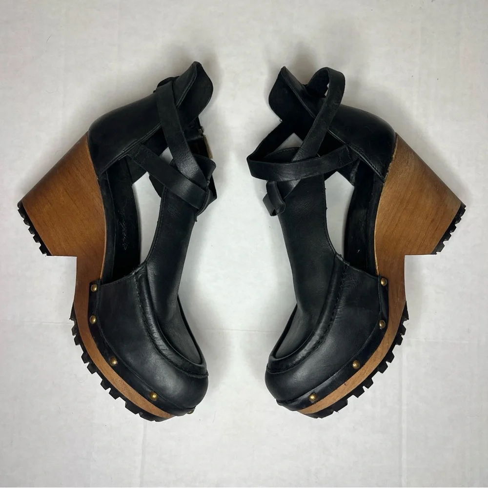 Free People Black Leather Salida Clog Wedges 8.5 - Picture 4 of 15